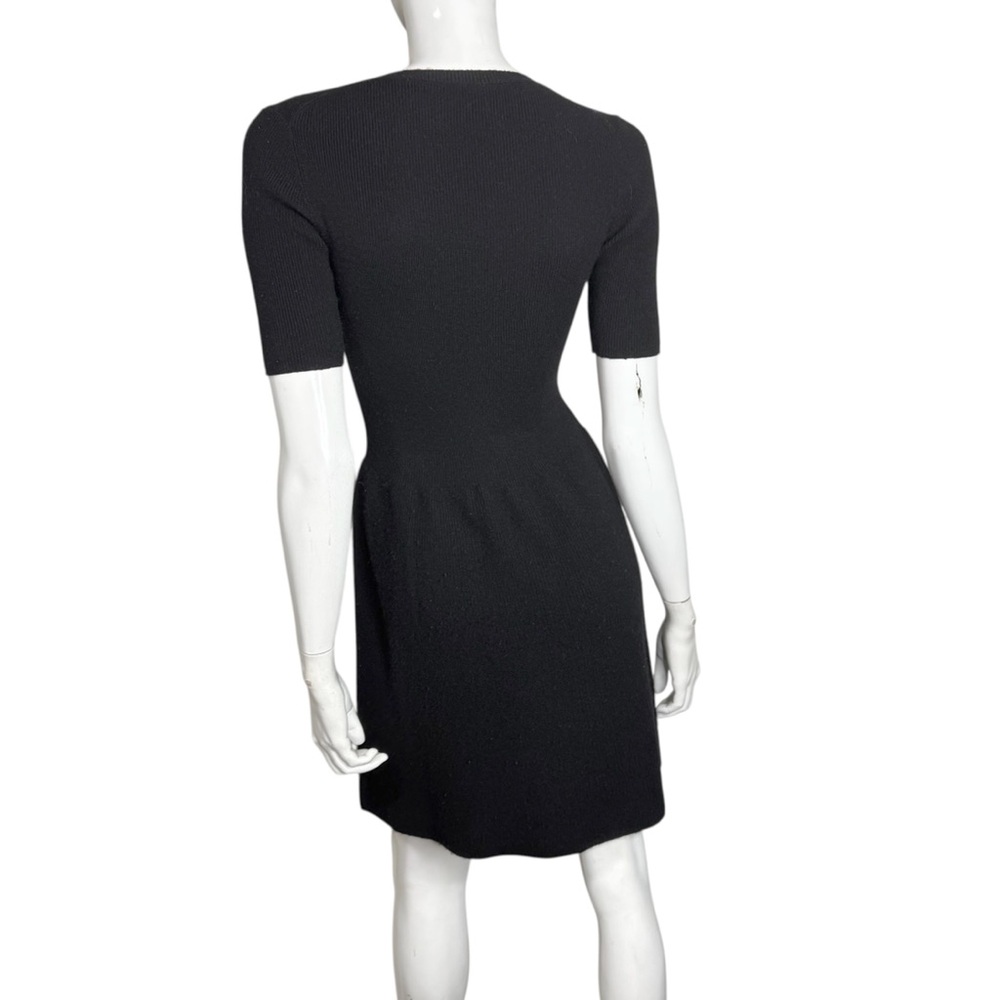 Theory Black Cashmere Mixed Rib V-Neck Flare Short Sleeve Midi Sweater Dress - Picture 7 of 9
